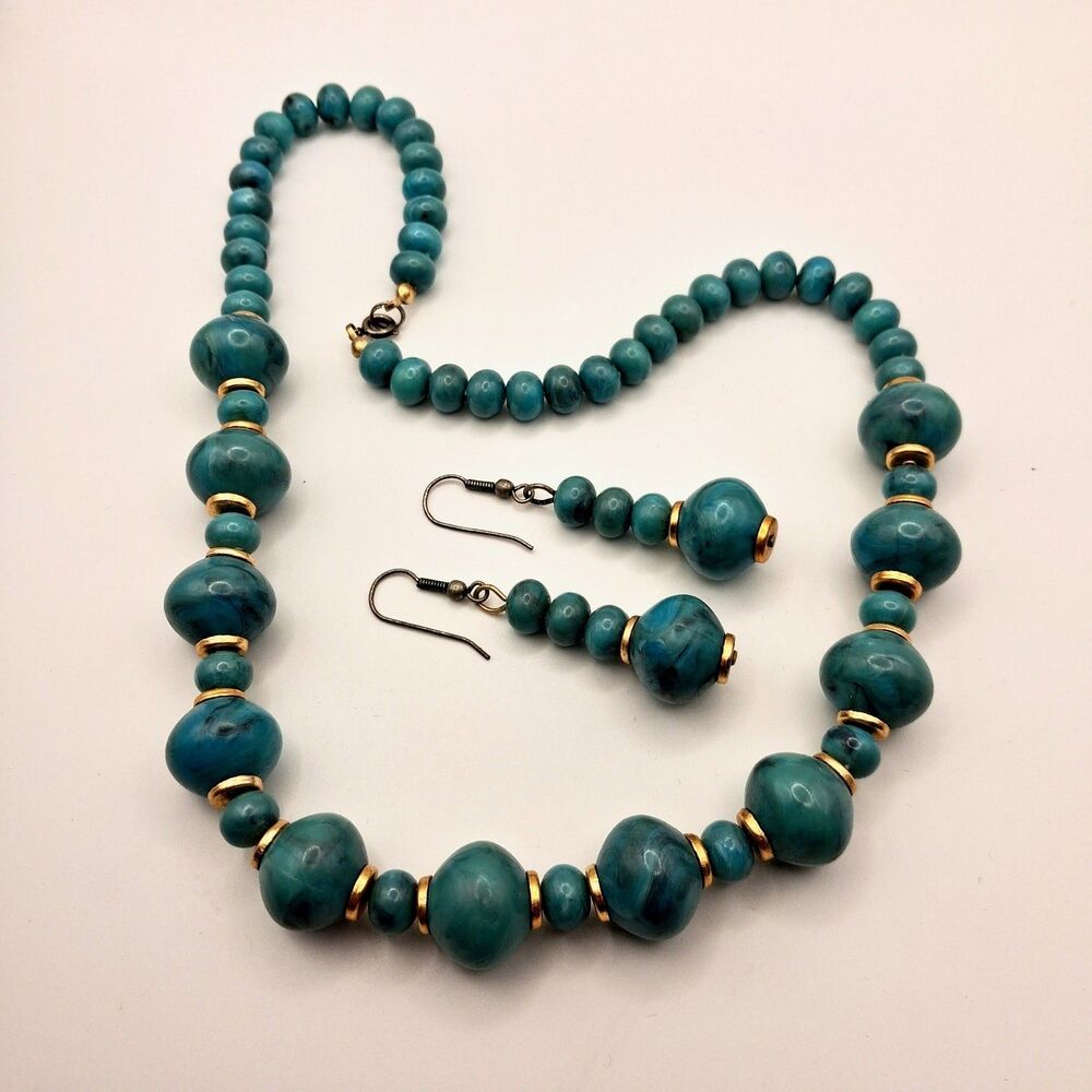 Vintage Turquoise Necklace Dangle Earrings Set 19" Marbled Teal Black Gold